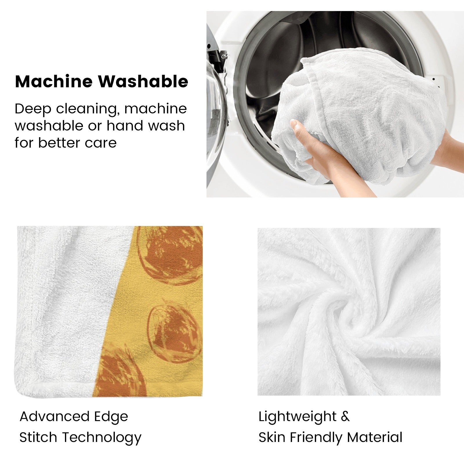 White flannel blanket details: machine washable, lightweight, skin-friendly, advanced stitch technology. Suitable for kids.