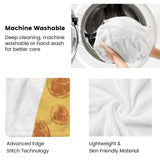 White flannel blanket details: machine washable, lightweight, skin-friendly, advanced stitch technology. Suitable for kids.