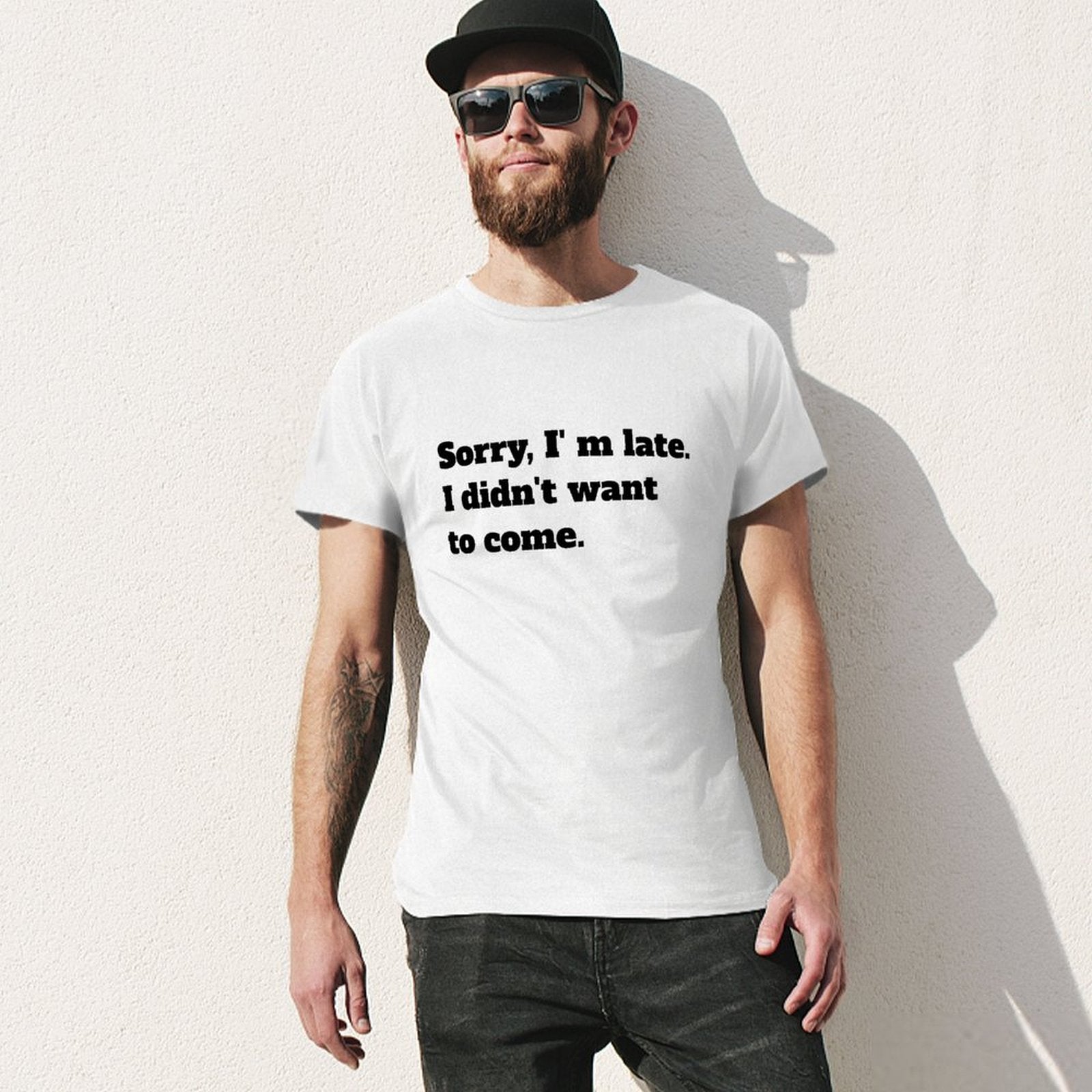White men's t-shirt with funny quote: 'Sorry, I'm late.' Casual wear, crew neck tee, S-6XL, MyArtsyGift.