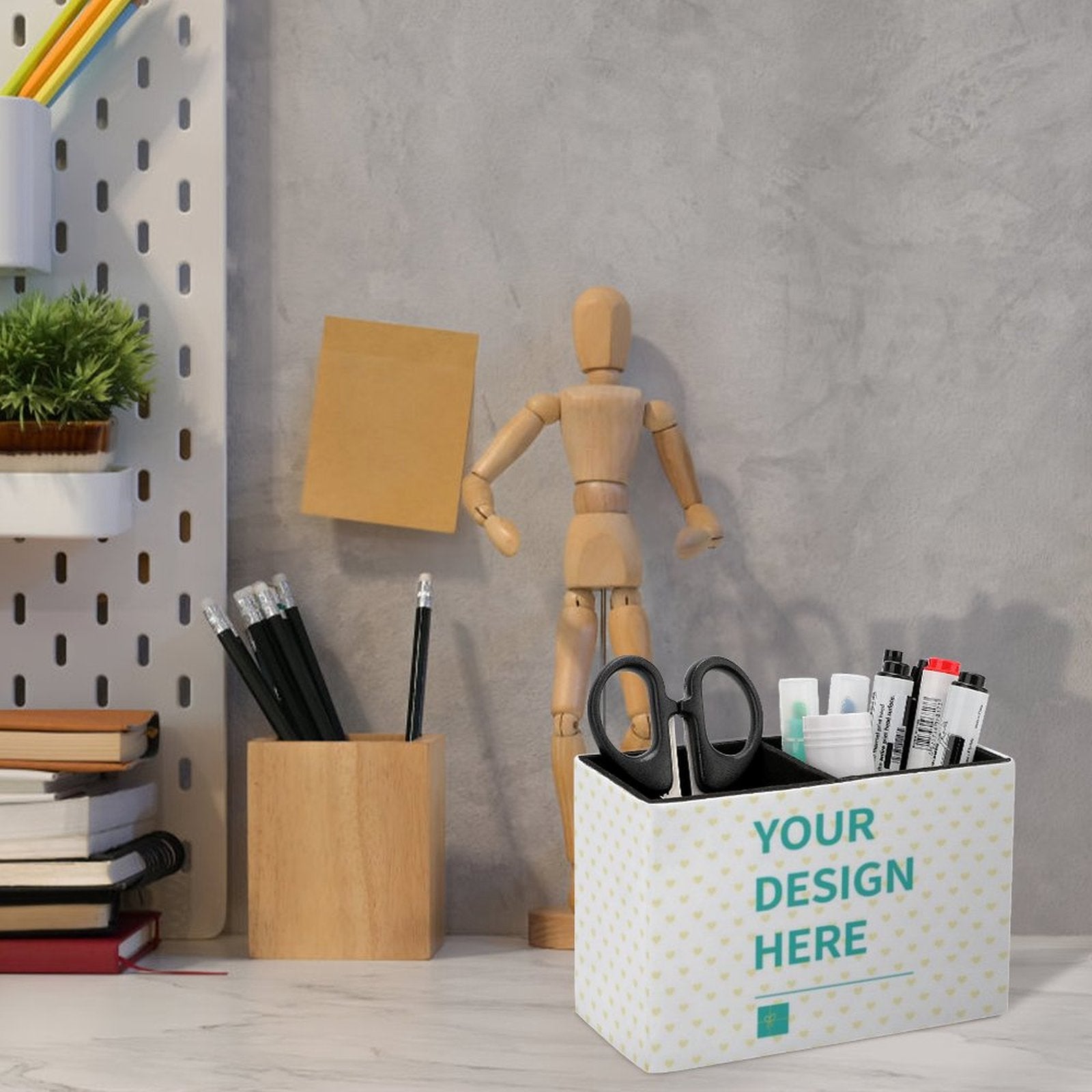 Custom desk pen holder with 'YOUR DESIGN HERE' design, PU leather desk organizer for office supplies, makeup brush holder.