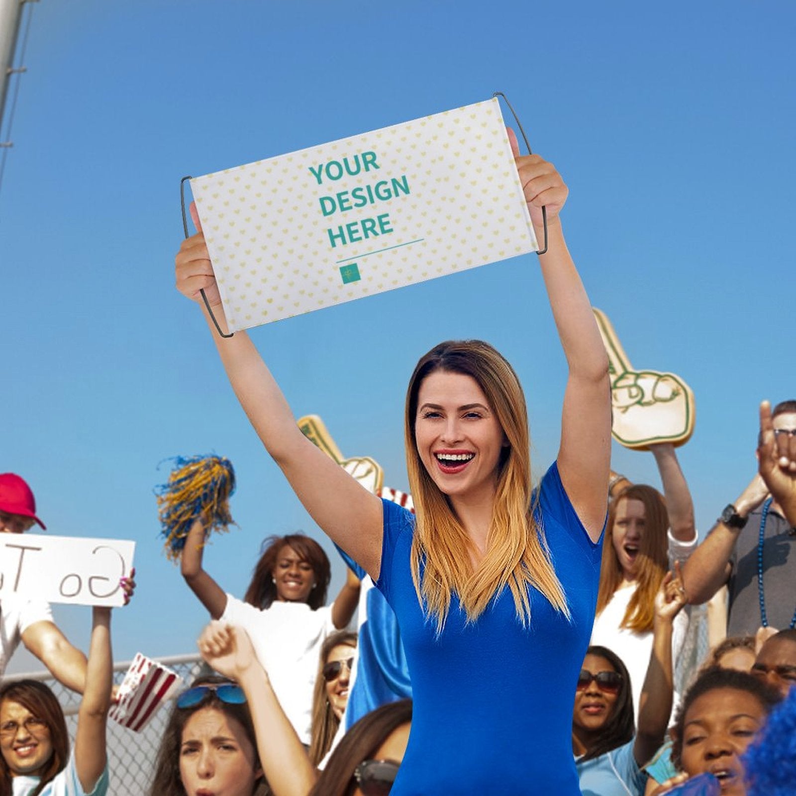 Custom hand waving flag with your design, held by a woman at a game, polyester flag