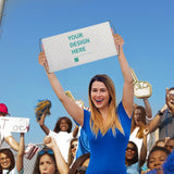 Custom hand waving flag with your design, held by a woman at a game, polyester flag