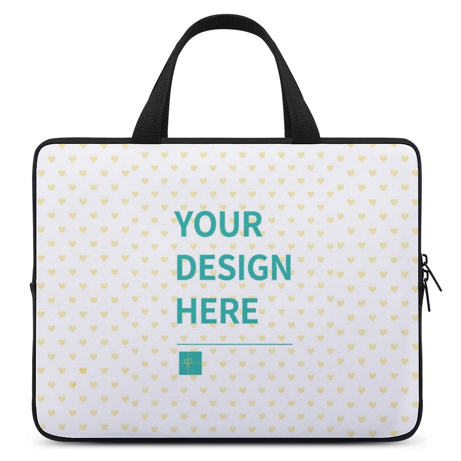 Personalized laptop sleeve with 'YOUR DESIGN HERE' design, heart pattern, and black handle. A custom laptop bag gift.