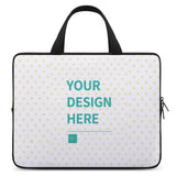 Personalized laptop sleeve with 'YOUR DESIGN HERE' design, heart pattern, and black handle. A custom laptop bag gift.