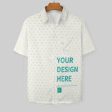 Custom short sleeve button-down shirt for men, white with heart pattern, "YOUR DESIGN HERE" text, personalized design.