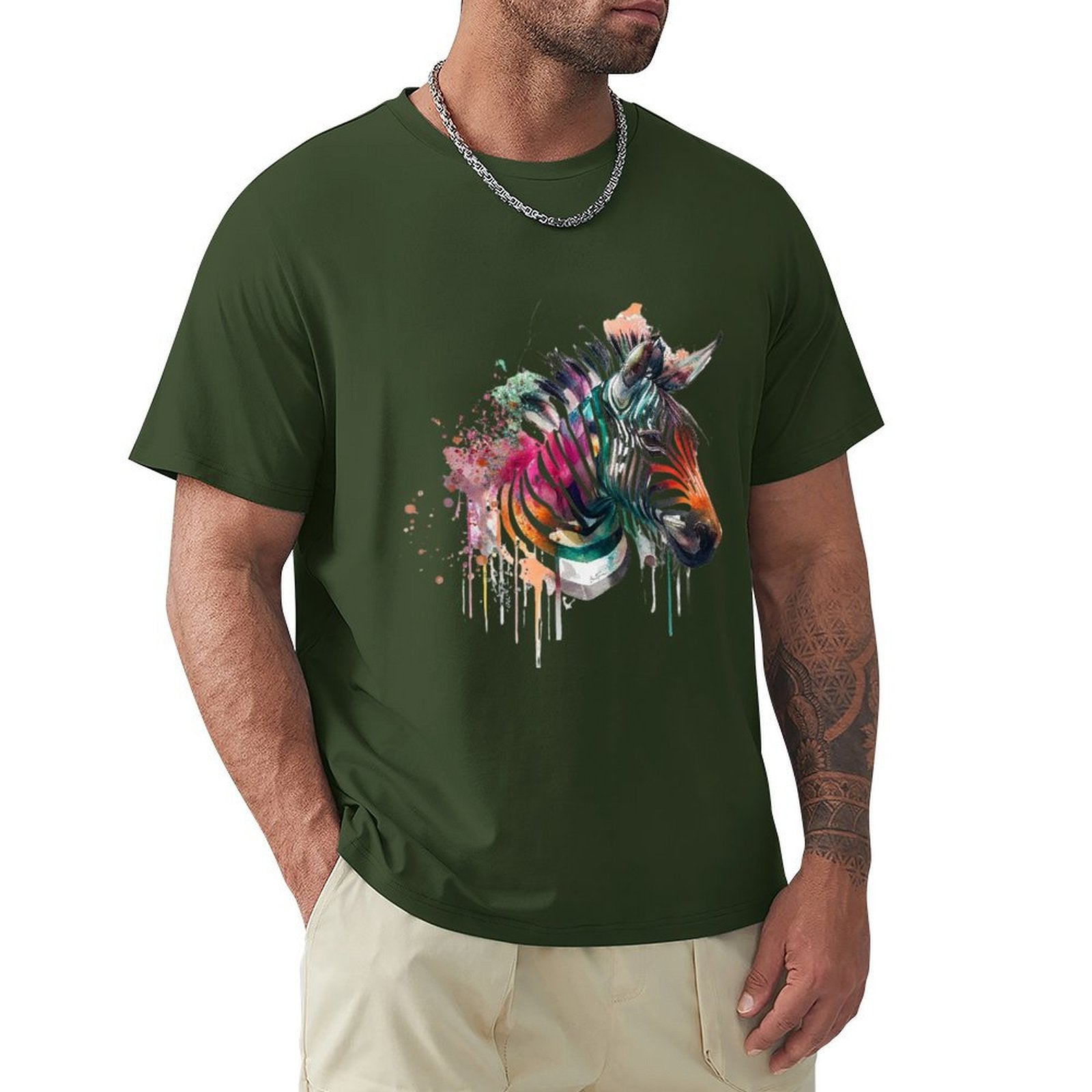 Green cotton t-shirt with watercolor zebra design for men. MyArtsyGift classic tee.