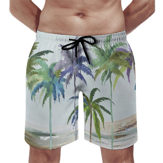 Men's Hawaiian swim trunks with palm tree design, quick dry beach shorts, gifts for boyfriend
