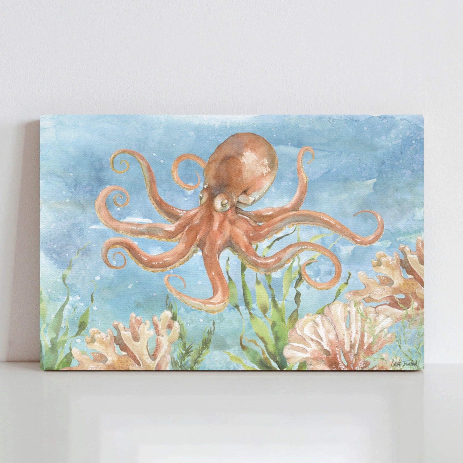 Under Sea Life IV Octopus and Coral Canvas Print, watercolor art for home decor