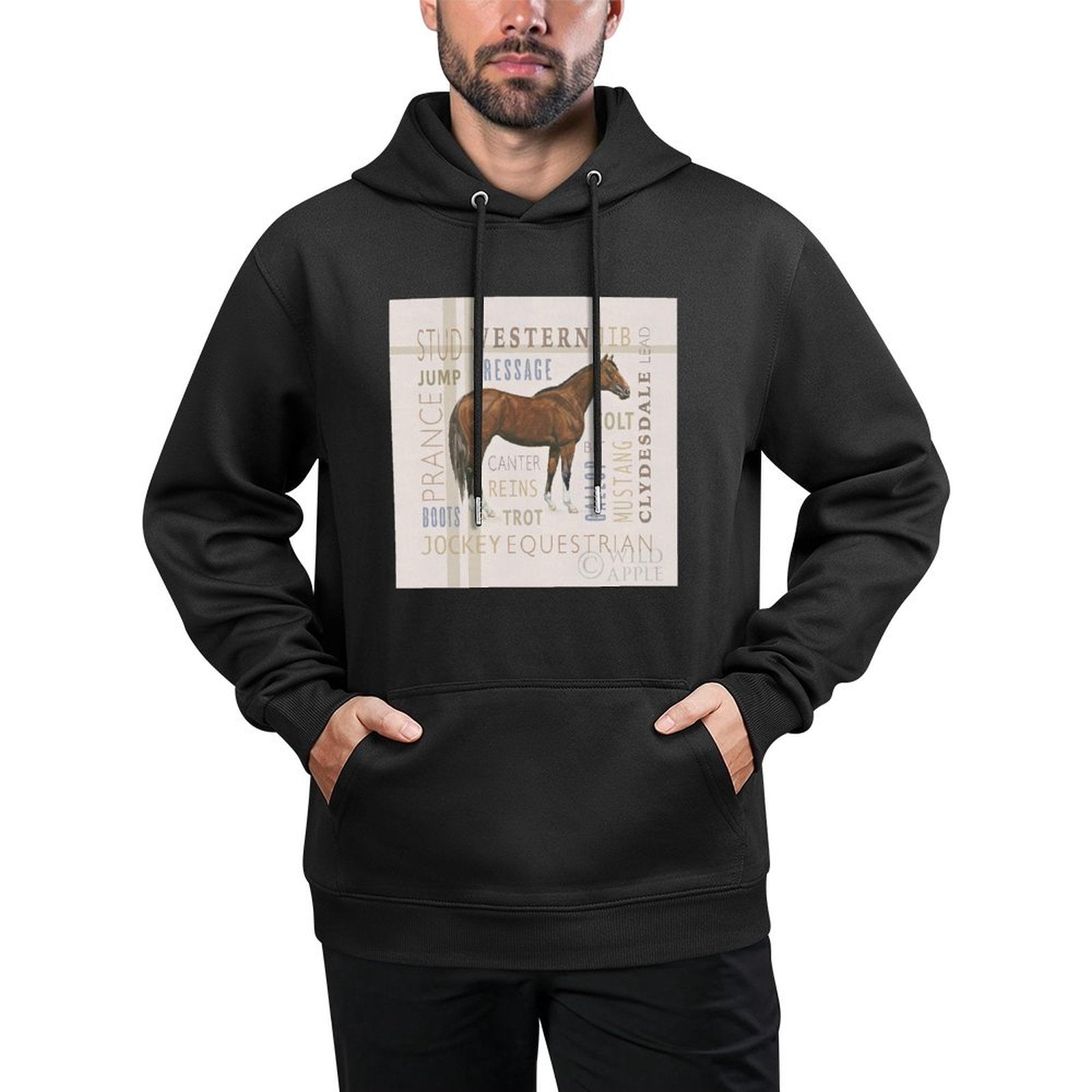 Men's black stick hooded sweatshirt with horse graphic and equestrian terms, 50% cotton blend.