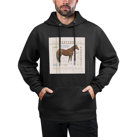 Men's black stick hooded sweatshirt with horse graphic and equestrian terms, 50% cotton blend.