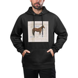 Men's black stick hooded sweatshirt with horse graphic and equestrian terms, 50% cotton blend.