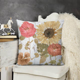 Square pillow cover with floral print of roses and sunflowers, short plush material, for home decor.