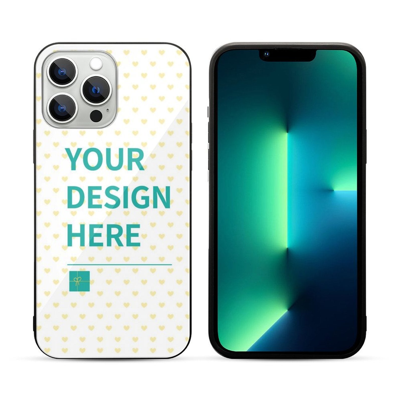 Custom iPhone 13 case with personalized design area. Glass + TPU material. Scratch-resistant cover.