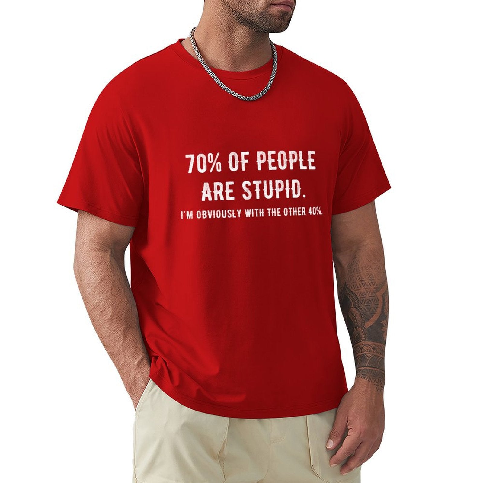 Red men's crew neck t-shirt with humorous print '70% of people are stupid' and size chart. Classic Tee.