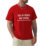 Red men's crew neck t-shirt with humorous print '70% of people are stupid' and size chart. Classic Tee.