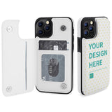 Personalized iPhone 12 wallet case with card slots, white PU leather flip cover, custom design available.