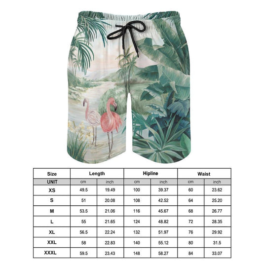 Men's Hawaiian swim trunks with flamingo art, quick-drying beach shorts with size chart.