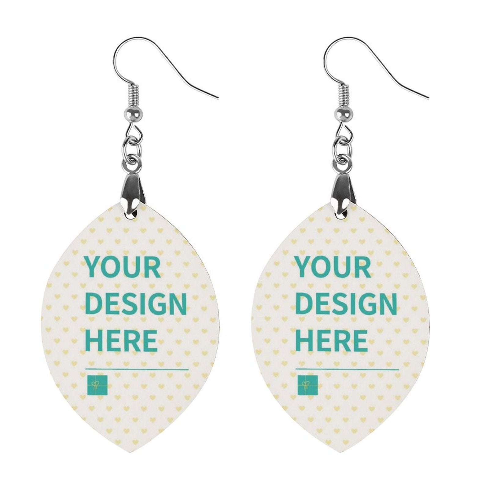Customizable drop earrings with "YOUR DESIGN HERE" text, wood and metal detail, MyArtsyGift product.