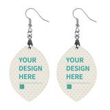 Customizable drop earrings with "YOUR DESIGN HERE" text, wood and metal detail, MyArtsyGift product.