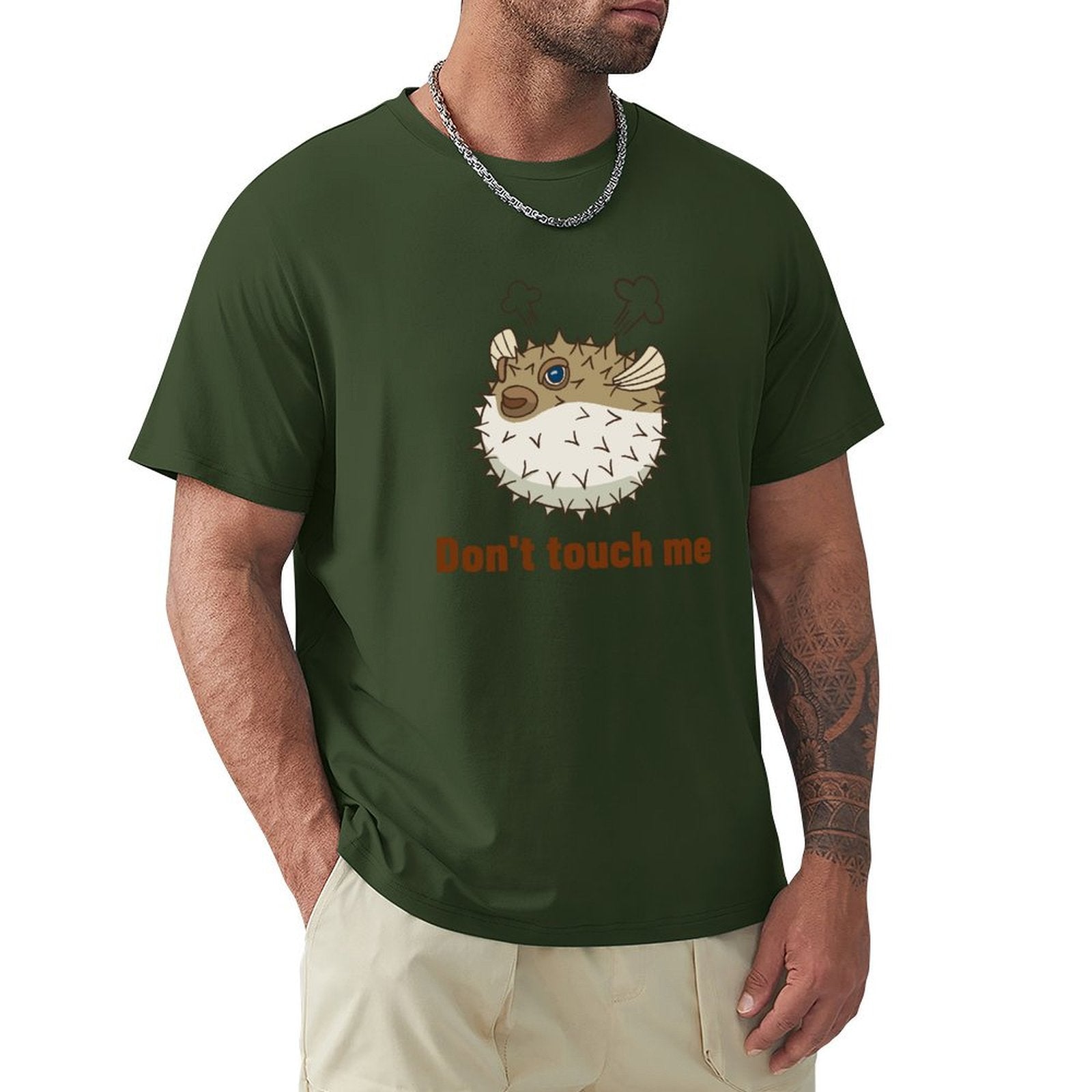 Dark green crew neck t-shirt with pufferfish graphic and "Don't touch me" text; Men's MyArtsyGift Tee