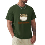 Men's dark green crew neck t-shirt with pufferfish design and "Don't touch me" text, MyArtsyGift