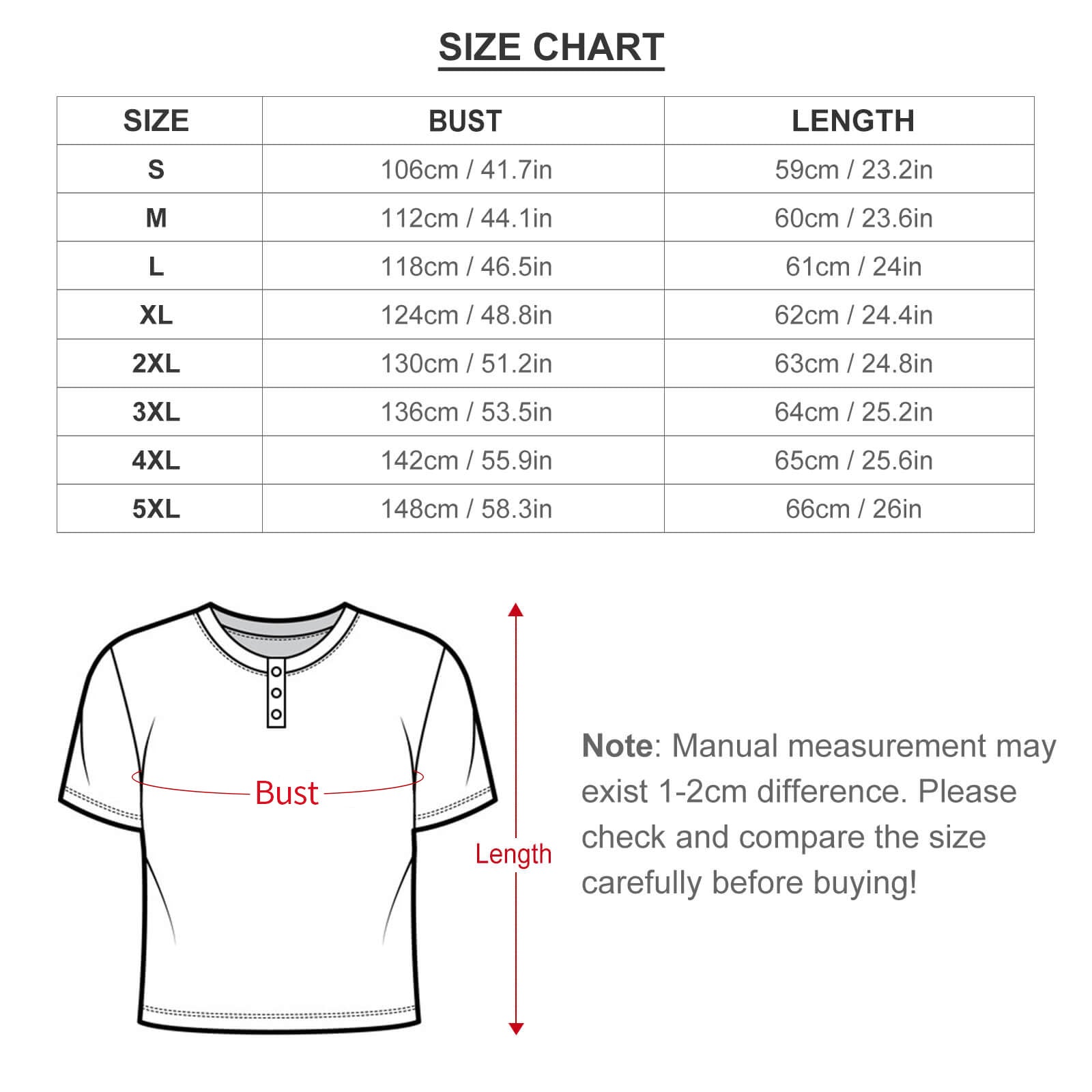 Women's summer outfit size chart with bust and length measurements from S to 5XL, MyArtsyGift