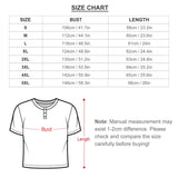 Women's summer outfit size chart with bust and length measurements from S to 5XL, MyArtsyGift