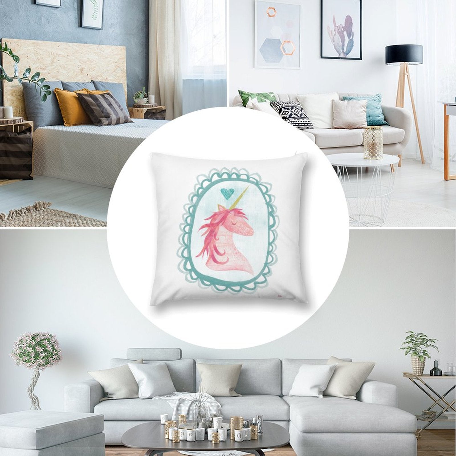 Unicorn pillow cover, watercolor design on soft plush, home decor, perfect for sofa and couch.