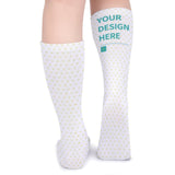 Customizable white winter socks with heart pattern and "YOUR DESIGN HERE" print, perfect as a gift for winter