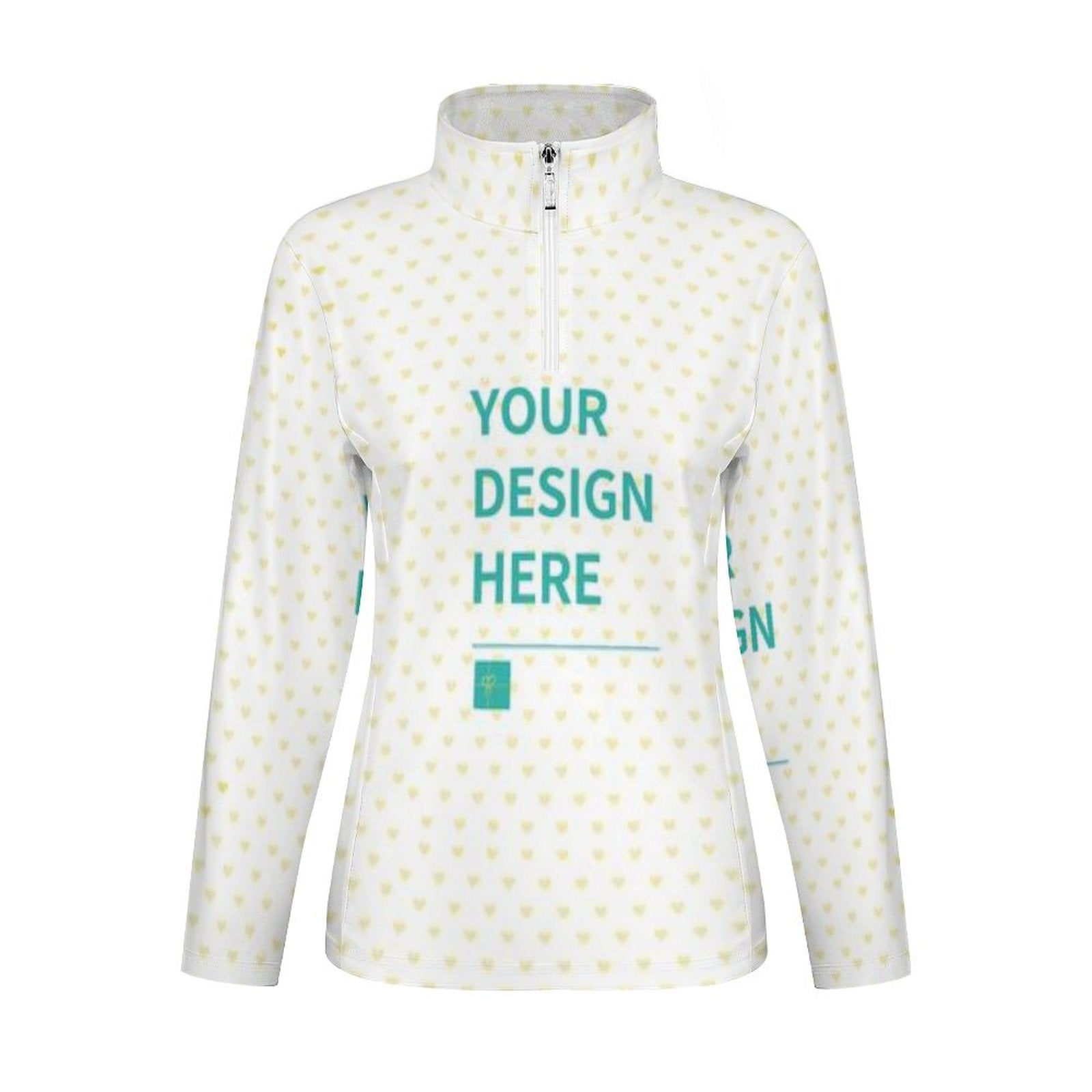 Customizable white Lycra yoga shirt with heart pattern and YOUR DESIGN HERE, half-zip workout top