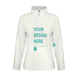 Customizable white Lycra yoga shirt with heart pattern and YOUR DESIGN HERE, half-zip workout top
