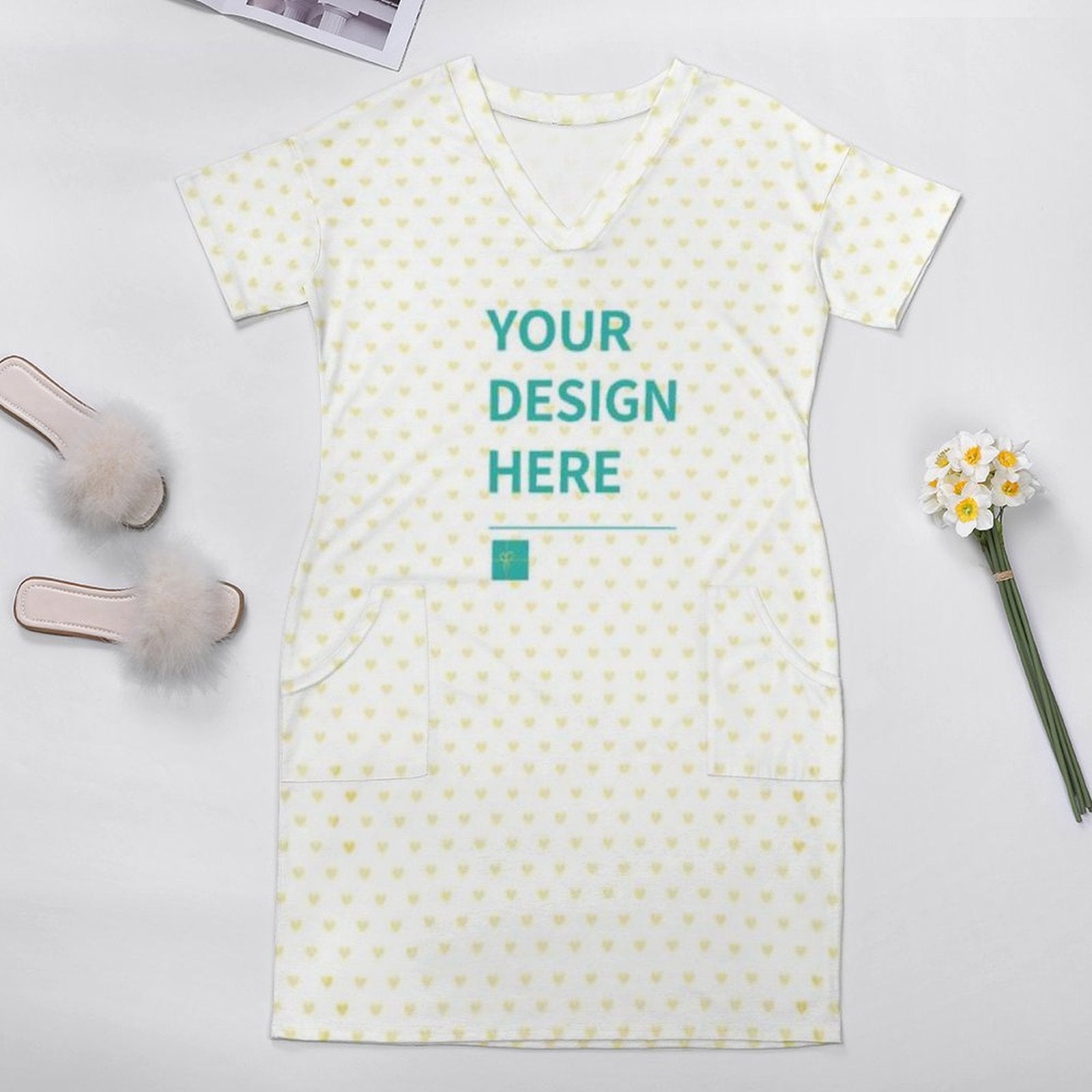 Customizable women's summer dress with pockets and V-neck, heart pattern, featuring YOUR DESIGN HERE