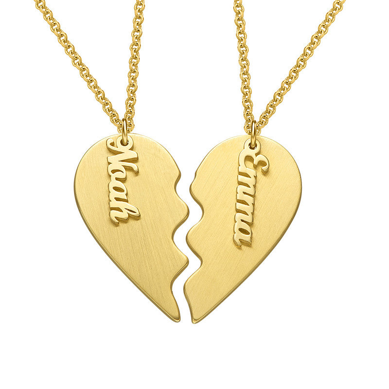 Personalized Gold Key Heart Puzzle Necklace with Noah and Emma names, perfect couple gift.