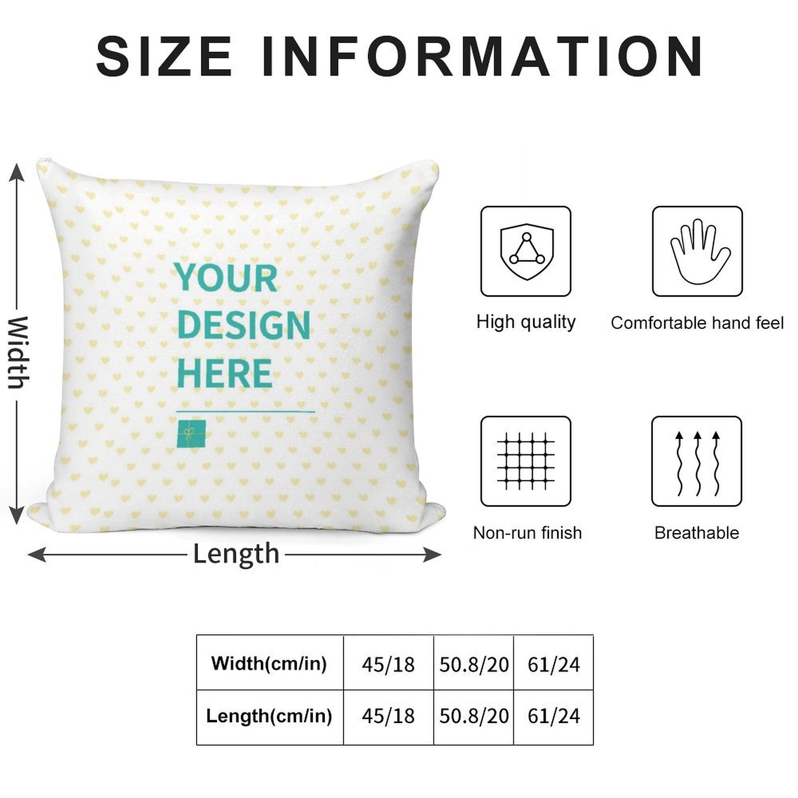 Custom throw pillow size guide with dimensions and features like high quality, non-run finish, and breathable design.