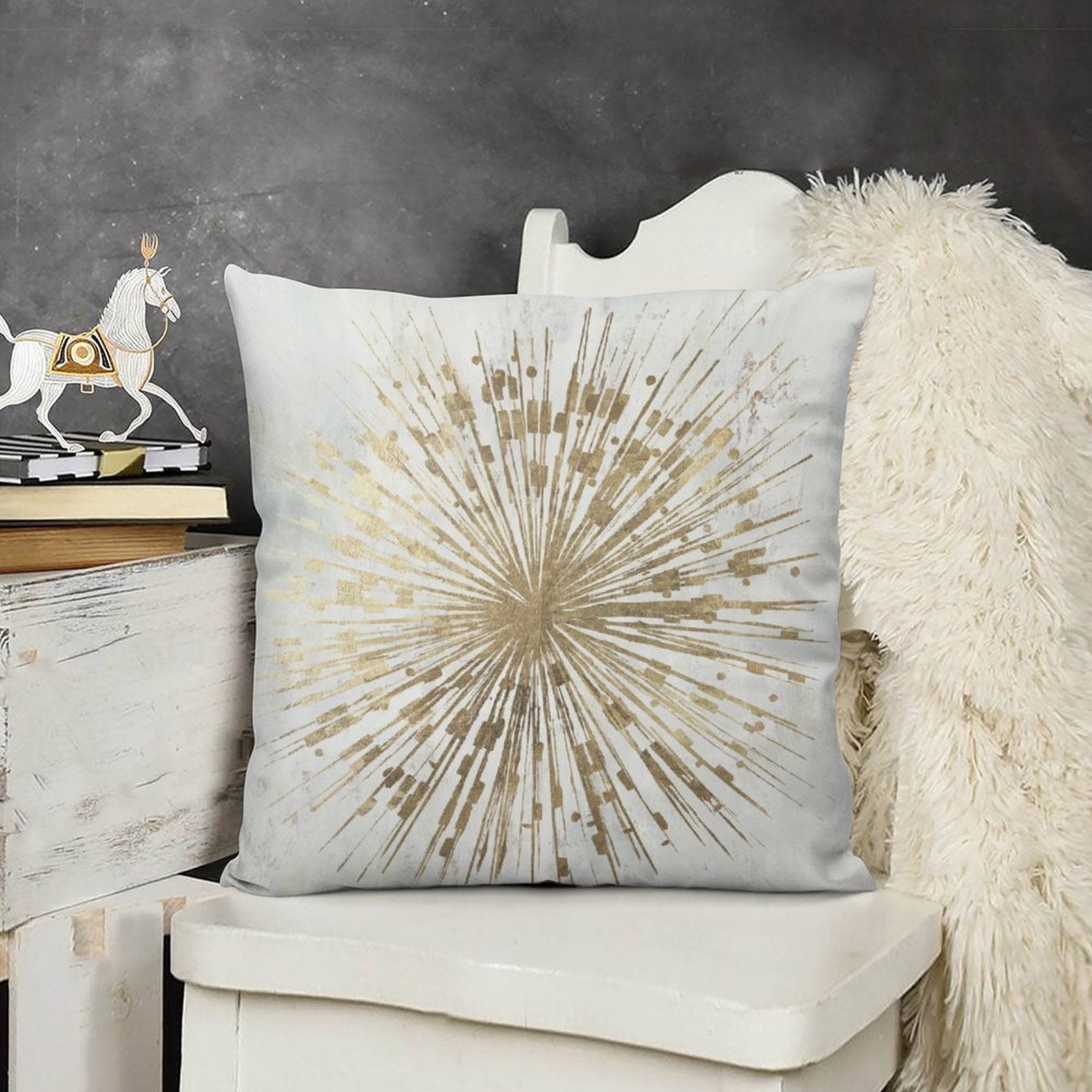 White plush pillow cover with gold starburst design, for sofa, couch, or living room