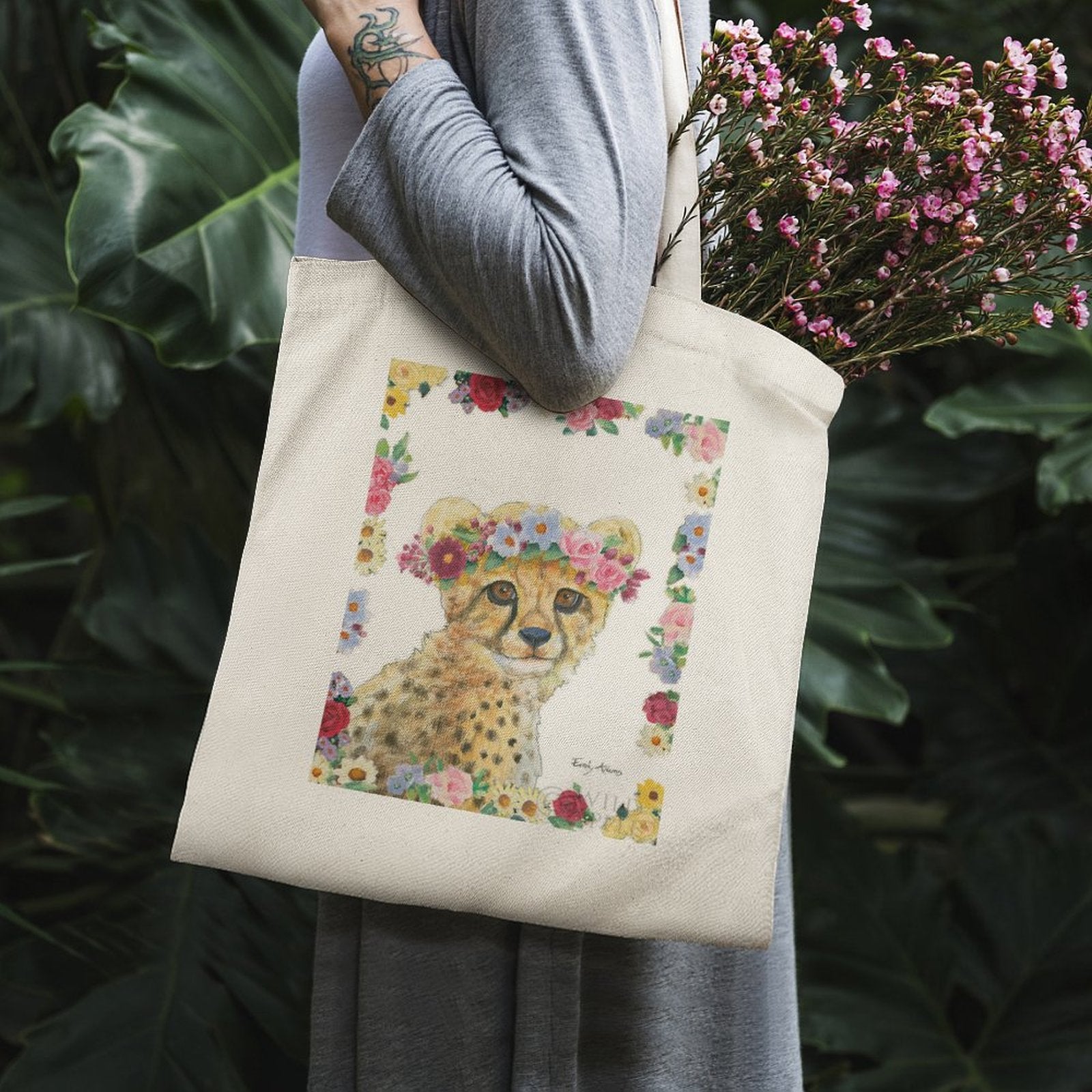 Personalized cheetah tote bag with flower crown design, cotton shopping bag for women