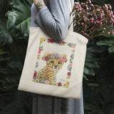 Personalized cheetah tote bag with flower crown design, cotton shopping bag for women