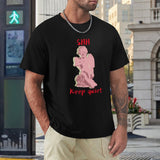 Black men's crew neck t-shirt with pink angel graphic and "SHH Keep Quiet" text print, perfect tee for MyArtsyGift.