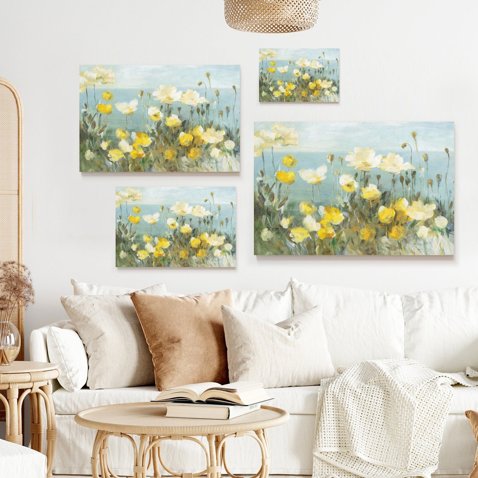 Field of Poppies canvas print set, wall decor. Yellow poppy flowers on a blue background in a modern living room setting.