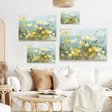 Field of Poppies canvas print set, wall decor. Yellow poppy flowers on a blue background in a modern living room setting.