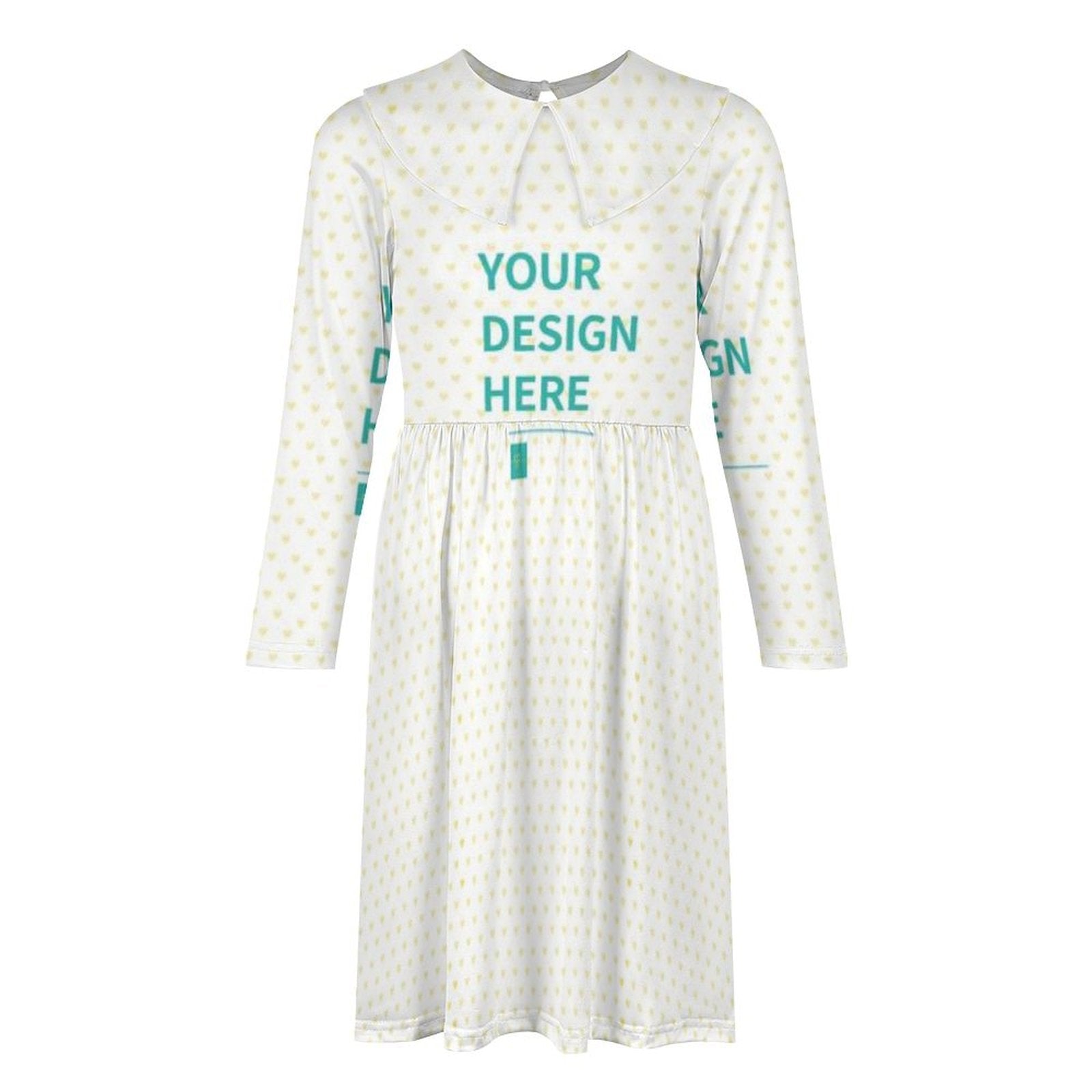 Customizable milk silk long sleeve toddler girl dress with 'YOUR DESIGN HERE' design and heart pattern