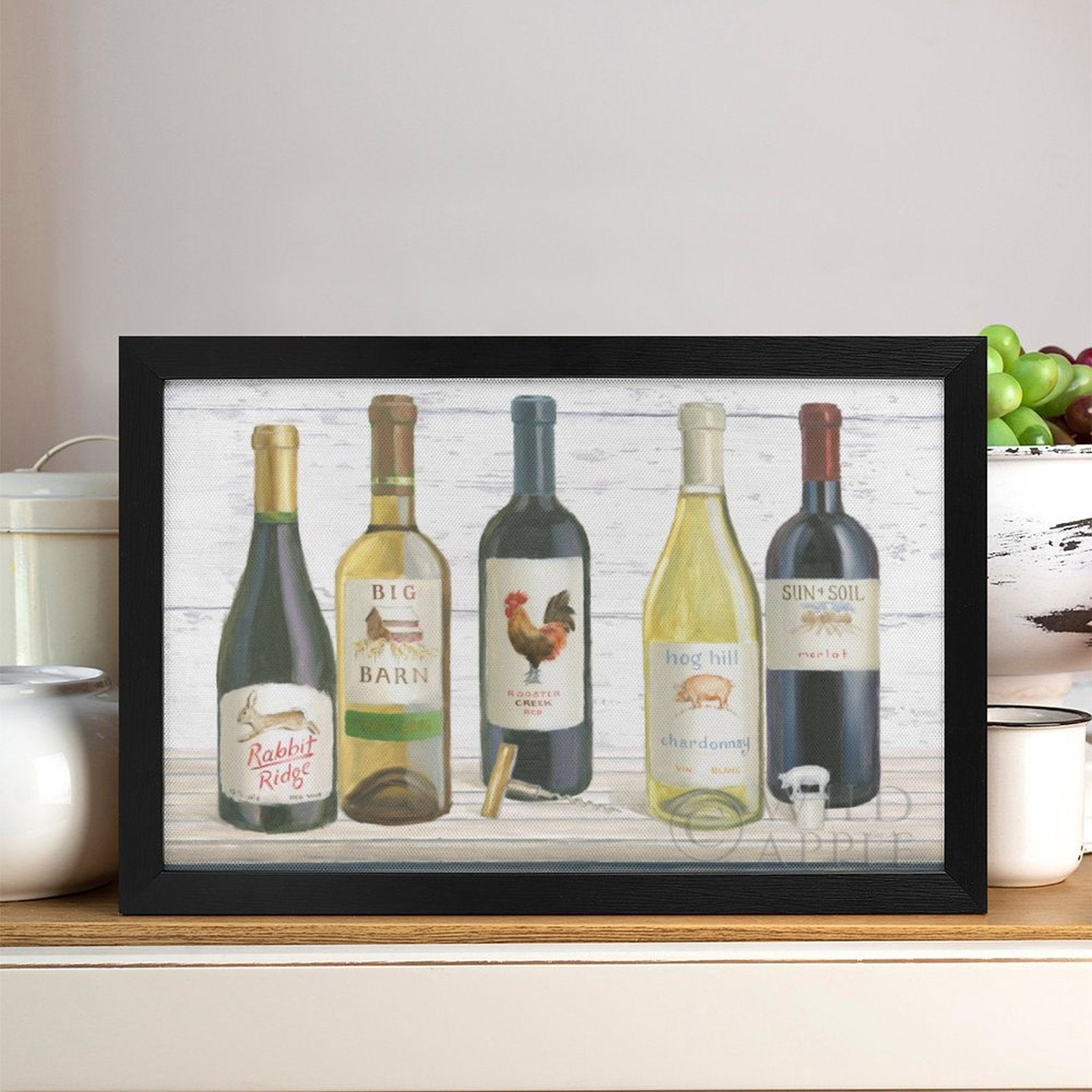 Framed canvas print, wine bottle wall art with Rabbit Ridge, Big Barn, Rooster Creek, Hog Hill, Sun+Soil labels.