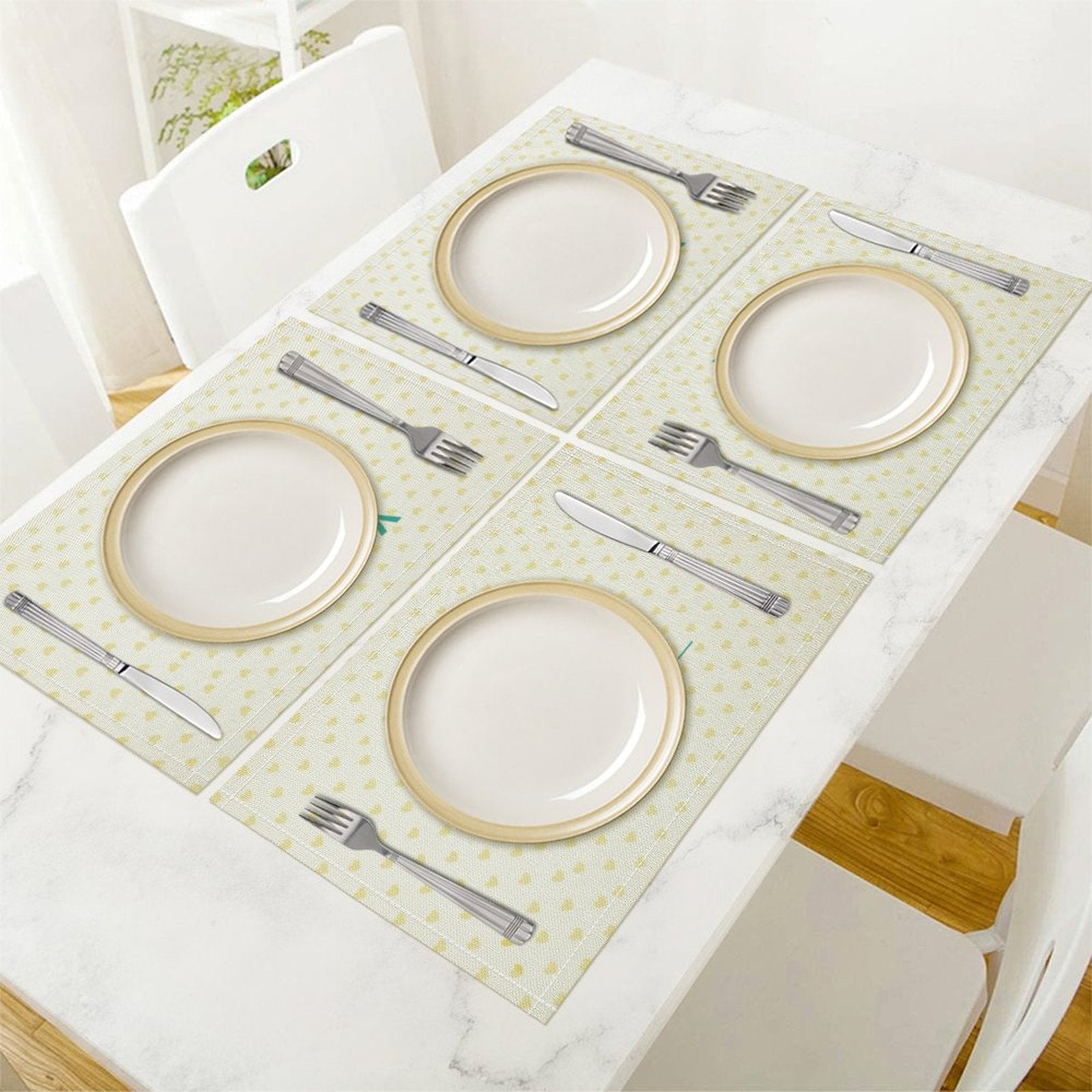Flax placemat dining table set with plates, forks, and knives, perfect for dining table decor