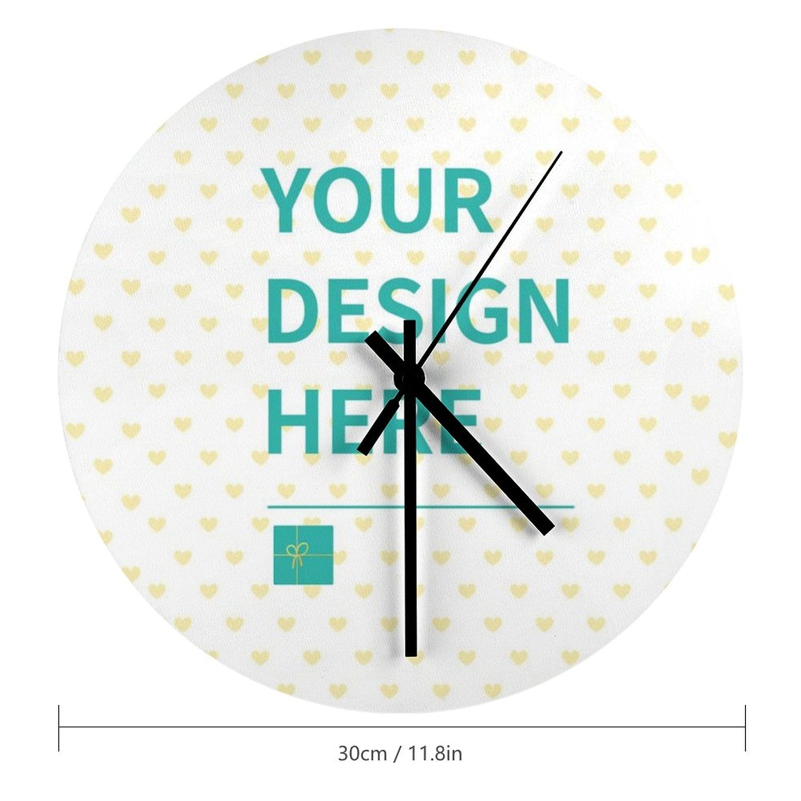 Custom wooden wall clock with "YOUR DESIGN HERE" text, round clock with heart pattern, perfect housewarming gift.