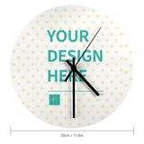 Custom wooden wall clock with "YOUR DESIGN HERE" text, round clock with heart pattern, perfect housewarming gift.