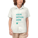 Customizable children's polo shirt with heart pattern and Your Design Here text, personalized kids clothing.