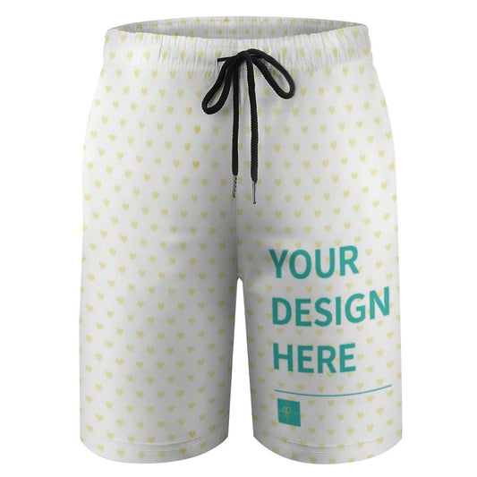 Customizable kids swim trunks with your design. White shorts with yellow heart pattern.