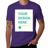 Customizable purple short sleeve t-shirt for men with 'YOUR DESIGN HERE' design on MyArtsyGift.com