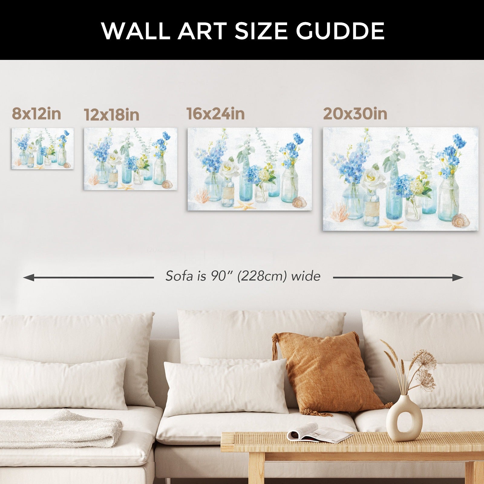 Beach Cottage Blue Florals Canvas Print size guide, shown above a sofa, Wall art for home decor