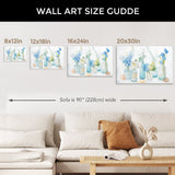 Beach Cottage Blue Florals Canvas Print size guide, shown above a sofa, Wall art for home decor